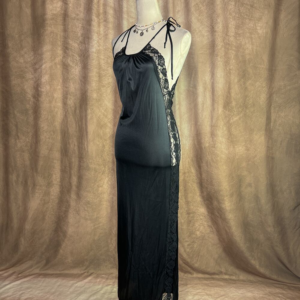 Vintage Slip Dress 90s Black Floral Lace Maxi High Side Slits Witchy Goth Pinup